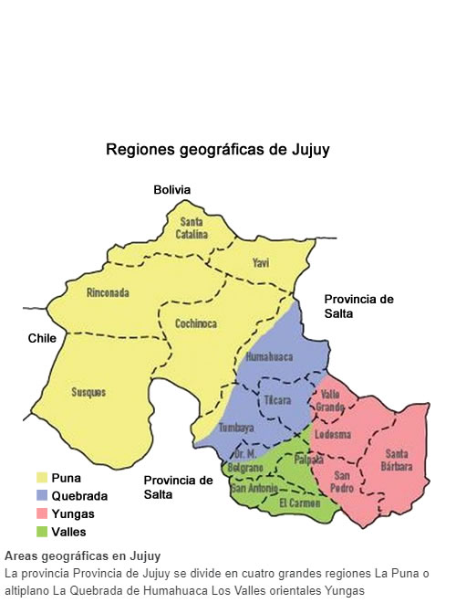 la provincia Provincia de Jujuy se divide en cuatro grandes regiones La Puna o altiplano La Quebrada de Humahuaca Los Valles orientales Yungas