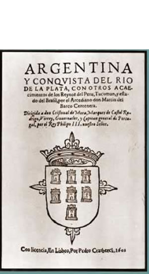 Portada de la primera edición del poema La Argentina de Martín del Barco Centenera, 1602.