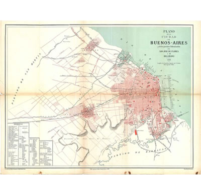 Plano de Buenos Aires de 1888 luego de la federalizacion , en el plano se ven todavía las ciudades de Belgrano y Flores que luego se convertirían en barrios de la ciudad