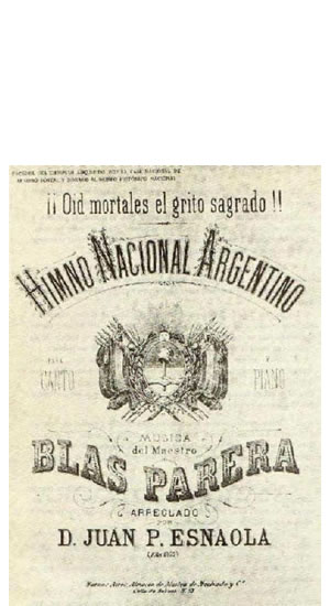 Partitura del Himno Nacional Argentino, copia del original publicado previamente en La Lira Argentina, en 1824.