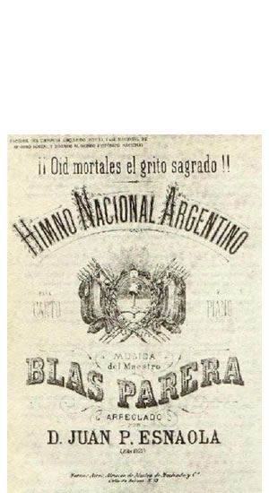 Partitura del Himno Nacional Argentino, copia del original publicado previamente en La Lira Argentina, en 1824.