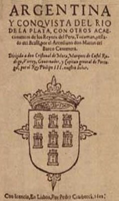Portada de la primera edición del poema La Argentina de Martín del Barco Centenera en 1602.