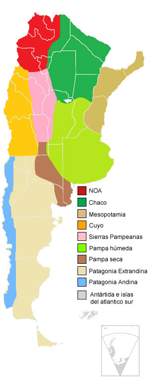 El territorio continental argentino está situado entre la cordillera de los Andes, el océano Atlántico Sur y el continente antártico, . el país se pueden dividir en las siguientes áreas claramente diferenciadas.