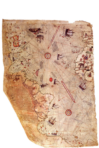 Fragmento del mapa de Piri Reis, donde figuran unas islas en aproximada consonancia con las Malvinas.