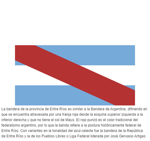 La bandera de la provincia de Entre Ríos es similar a la Bandera de Argentina, difiriendo en que se encuentra atravesada por una franja roja desde la esquina superior izquierda a la inferior derecha y que no tiene el sol de Mayo. El rojo punzó es el col