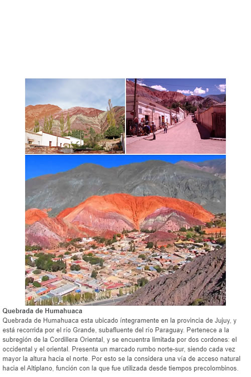 Quebrada de Humahuaca esta ubicado íntegramente en la provincia de Jujuy, y está recorrida por el río Grande, subafluente del río Paraguay. Pertenece a la subregión de la Cordillera Oriental