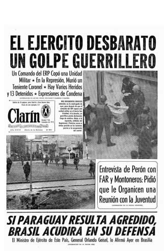 Tapa del diario Clarín sobre el intento del jueves 6 de septiembre de 1973