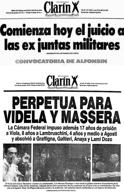 Tapas del diario Clarín al inicio y al final de los Juicios a las Juntas
