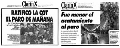 Tapas del diario Clarín del domingo 11 y el 13 de septiembre de 1988 informando la realización del paro y el resultado del mismo