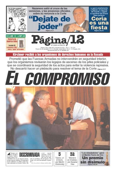 Tapa de Página 12 sobre la primera reunión de Néstor Kirchner y Hebe de Bonafini