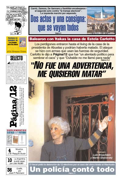 Tapa del díario Página 12 donde Estela muestra los balazos