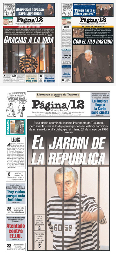 Cambio de época tapas de Pagina 12 con las detenciones de Astiz , Menendez y Bussi