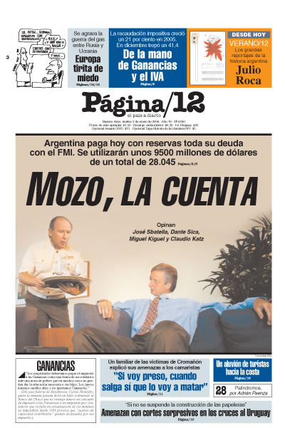 Tapa de Pagina 12 con el pago de la deuda al FMI