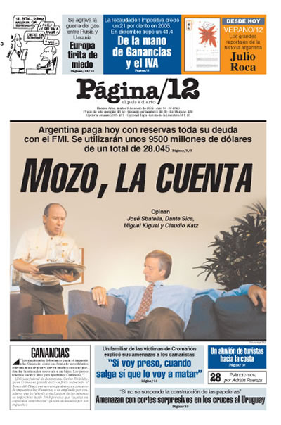 Tapa del Página 12 con el pago de la deuda del FMI