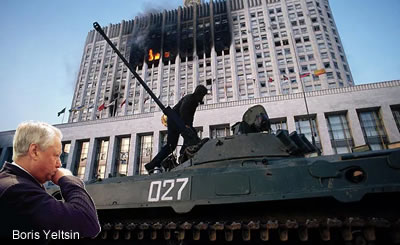 El presidente Boris Yeltsin alegando que una mayoría del Soviet Supremo mando a bombardear por los tanques el congreso en octubre del 93