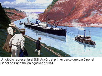 Un dibujo representa el S.S. Ancón, el primer barco que pasó por el Canal de Panamá, en agosto de 1914.
