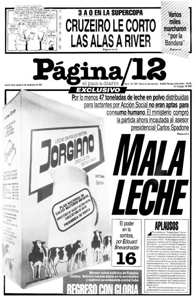 Tapa de diario Pagina 12 con la leche contaminada