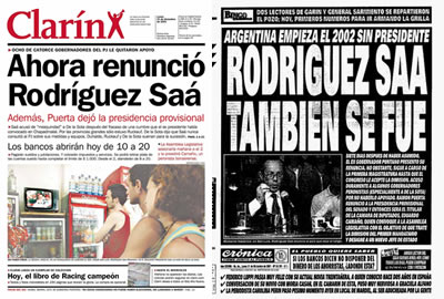 Tapas de los diarios del 31 de diciembre de 20001 anunciando a renuncia de Adolfo Rodríguez Saa