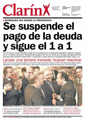 Tapa del diario Clarín del 24 de diciembre de 2001