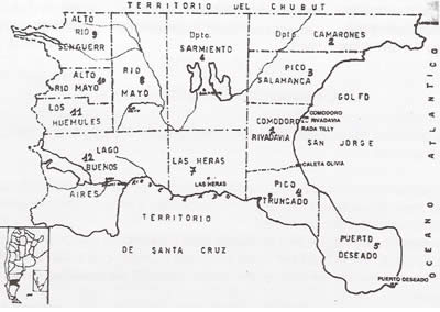 Mapa de la Gobernación militar que detalla sus límites y departamentos.